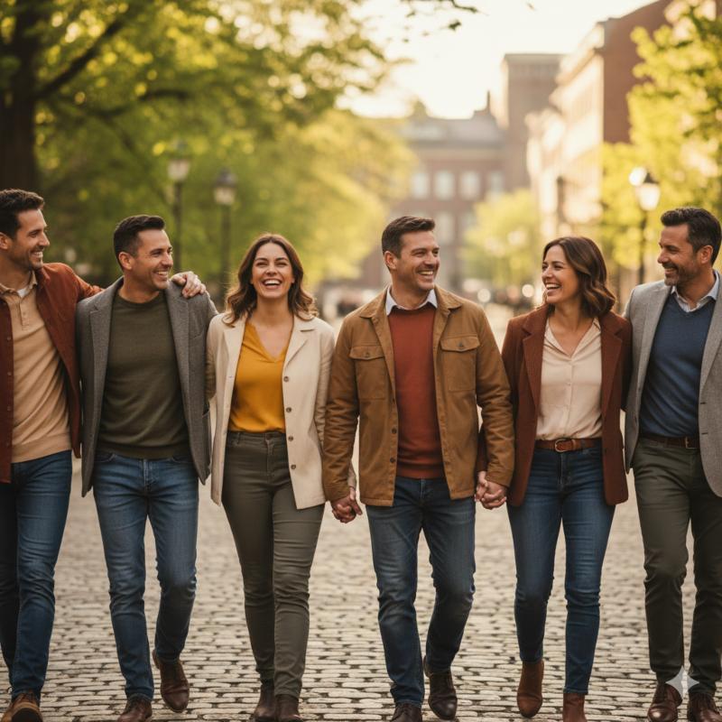 A group of friends walking together outdoors and smiling